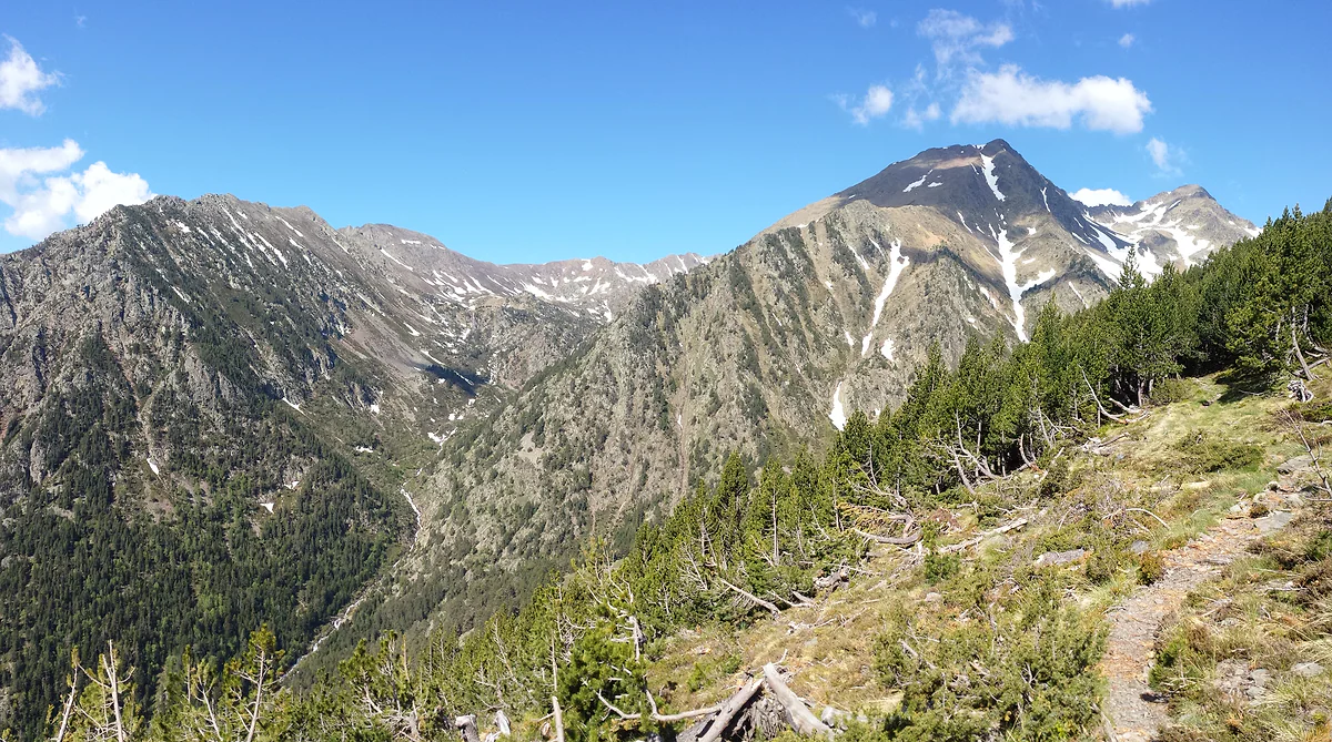 Las Valls del Comapedrosa, en La Massana, con cumbres de roca y restos de nieve sobre bosques de pino