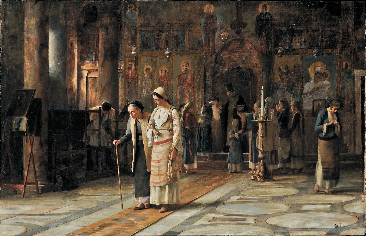 After the Service, an oil painting by Théodore Ralli of worshippers in an Orthodox church, from the Leventis Gallery collection