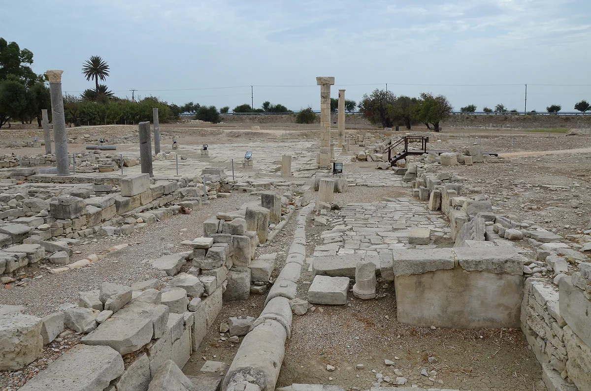 The agora at Amathus, from the Hellenistic period, with its stone paving, remains of porticoes and columns behind
