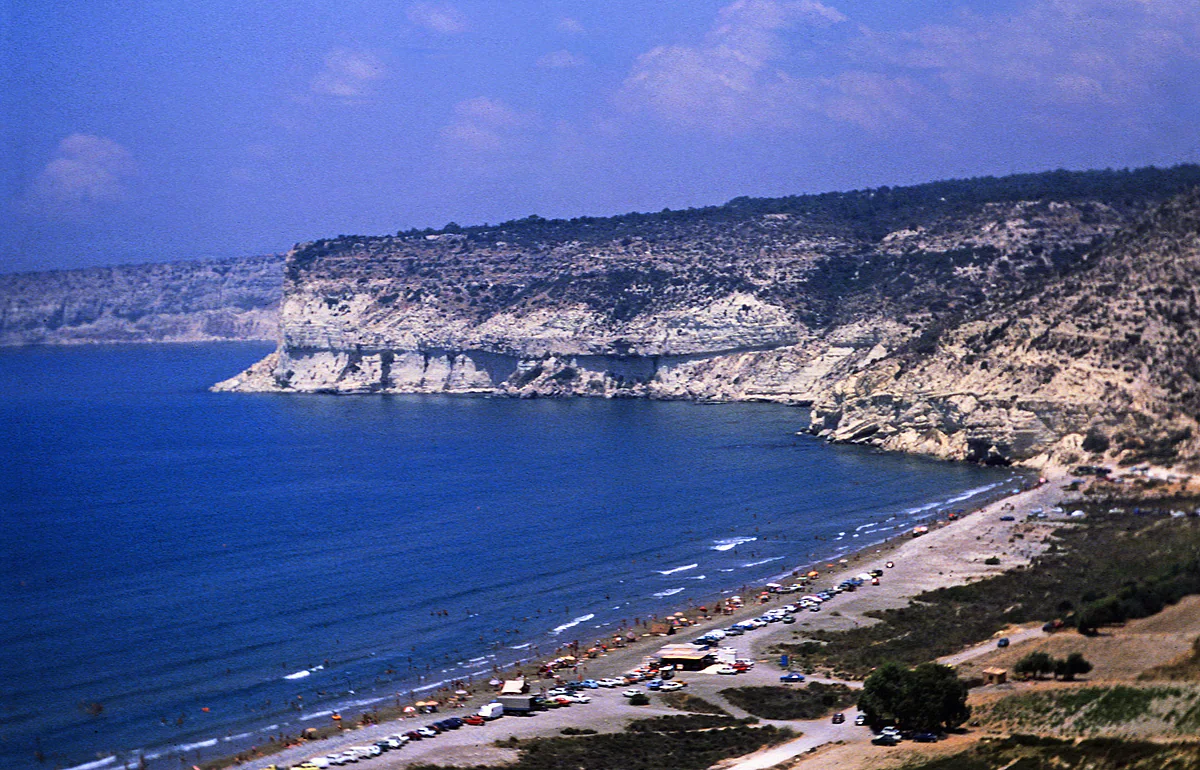 Episkopi bay seen from Kourion, with the long beach, deep blue water and the white cliffs rising in the distance