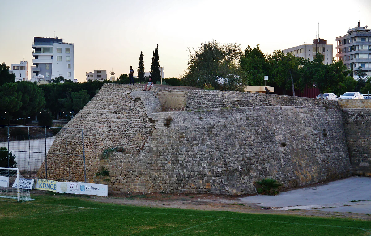 One of the eleven stone bastions of the Venetian walls of Nicosia, its moat now turned into a sports ground
