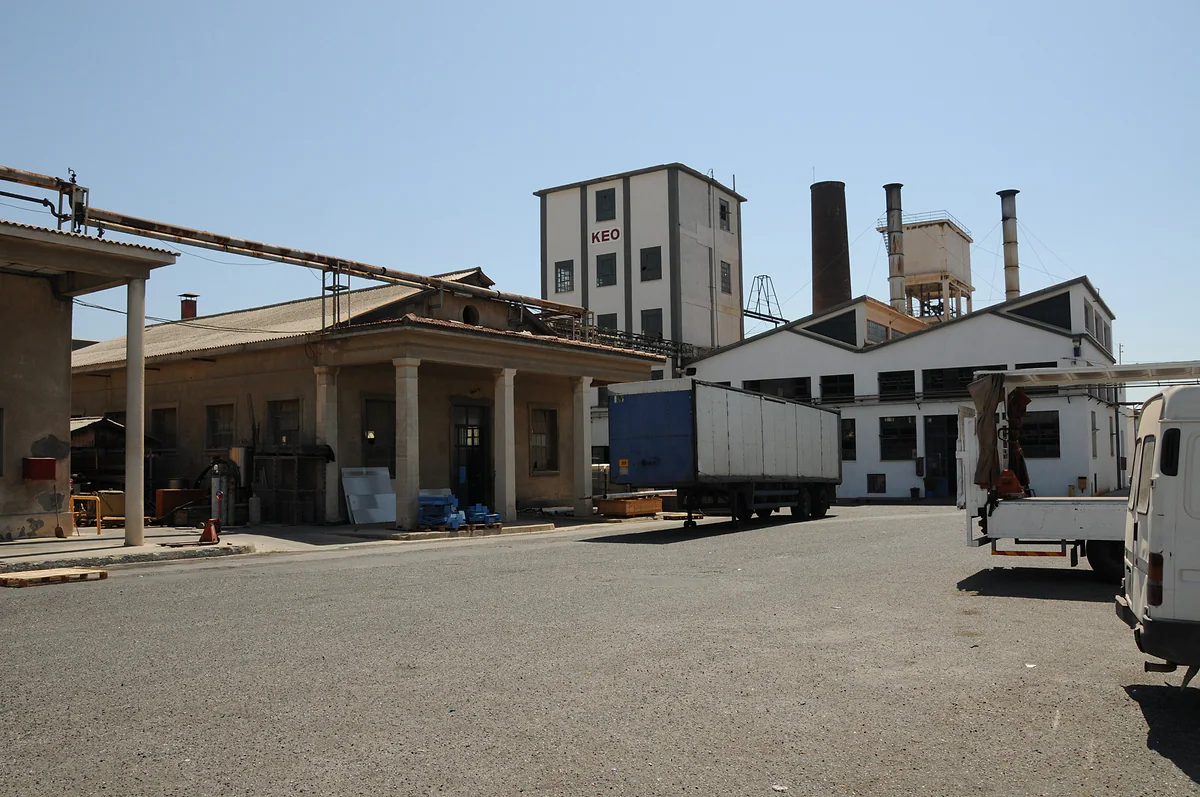 The sheds and tower bearing the KEO sign at its works in Limassol, where the Cypriot beer has been brewed since 1951