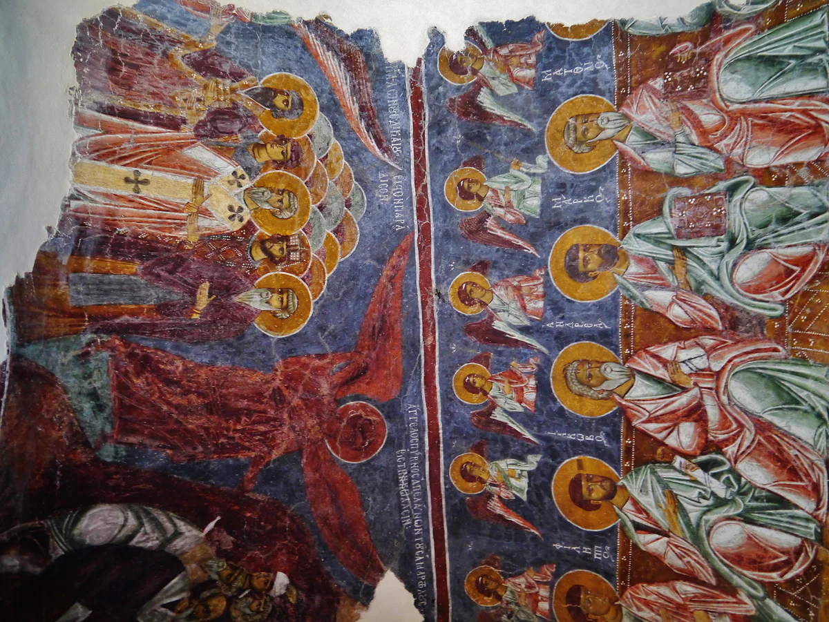 Byzantine frescoes of saints and Bible scenes on a vault of Agios Nikolaos tis Stegis, a painted church of the Troodos