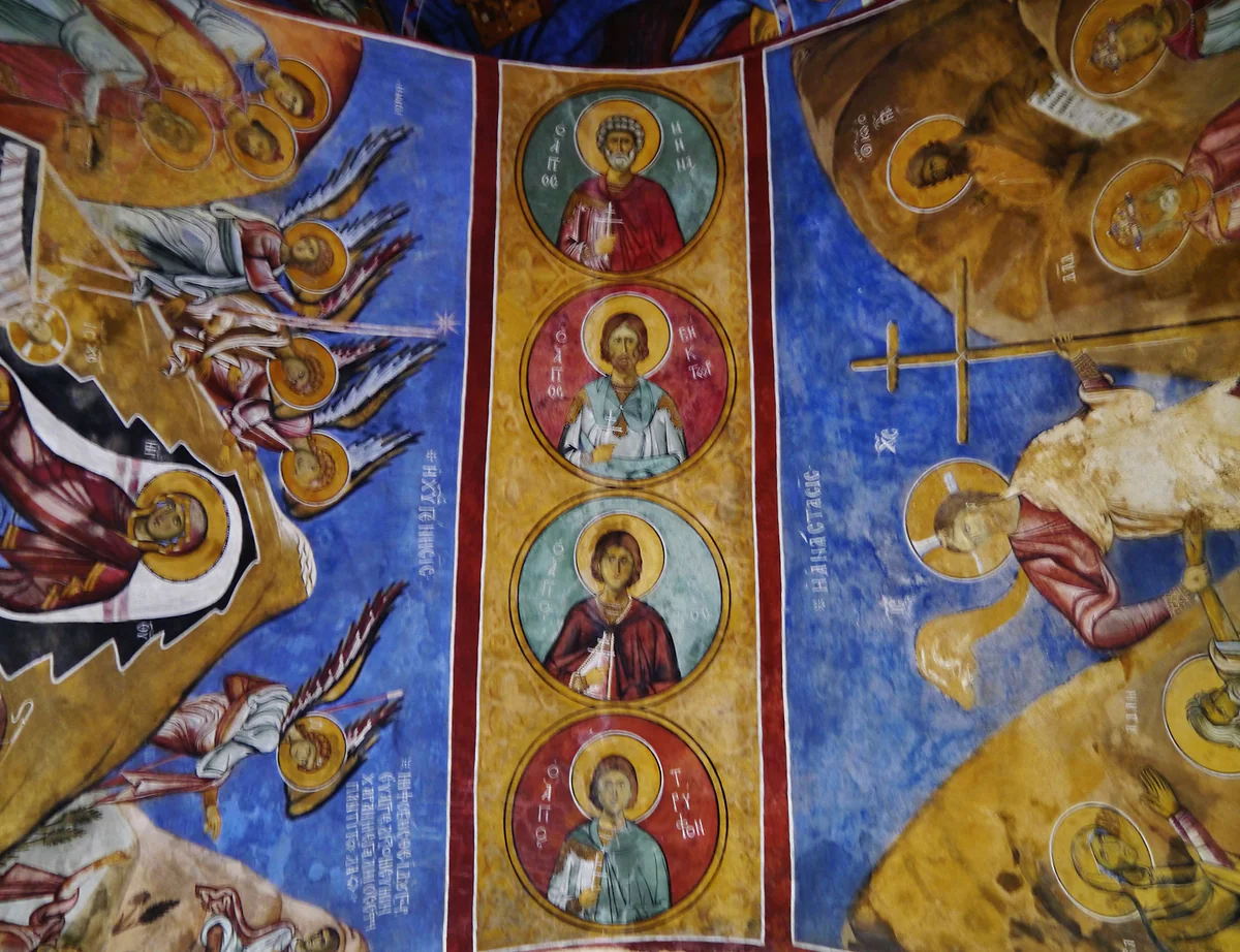 Frescoes from 1192 on the vault of Panagia tou Araka, with saints in medallions and angels on a deep blue background