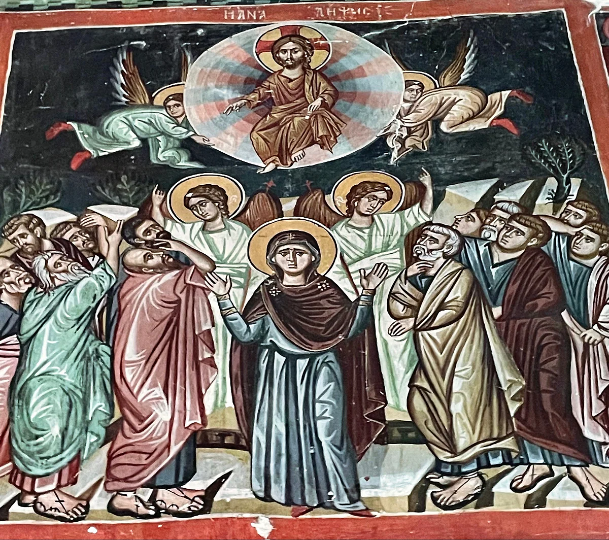 The Ascension painted at Stavros tou Agiasmati, with Christ above between angels and the Virgin and apostles below