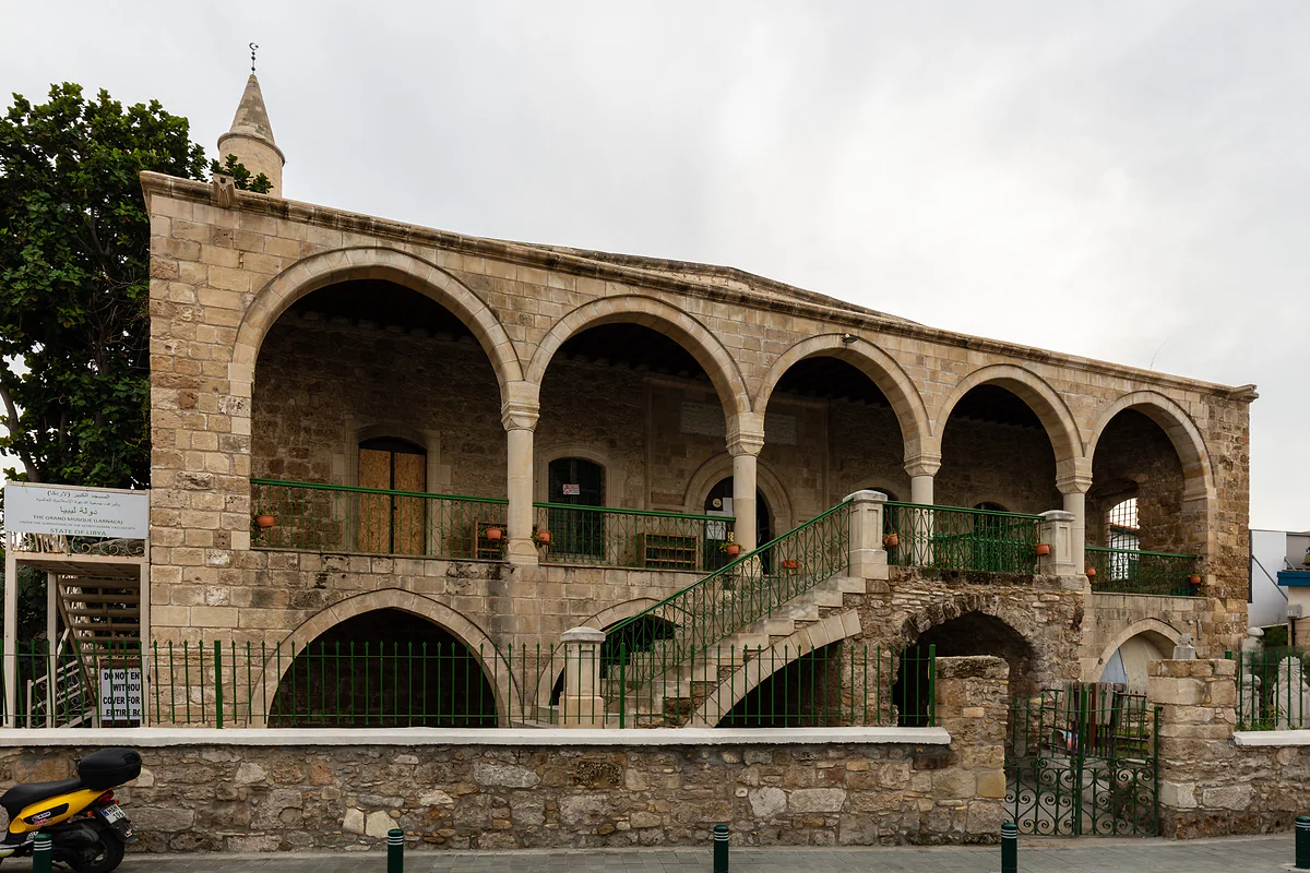 The Kebir mosque in Larnaca, next to the fort, with its gallery of stone arches and outside staircase