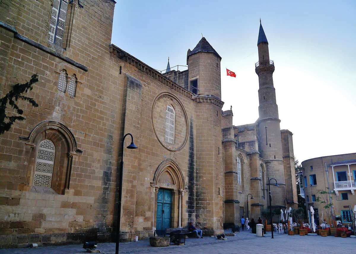 The Selimiye Mosque in North Nicosia, formerly the Gothic Cathedral of St Sophia, with buttresses and a minaret