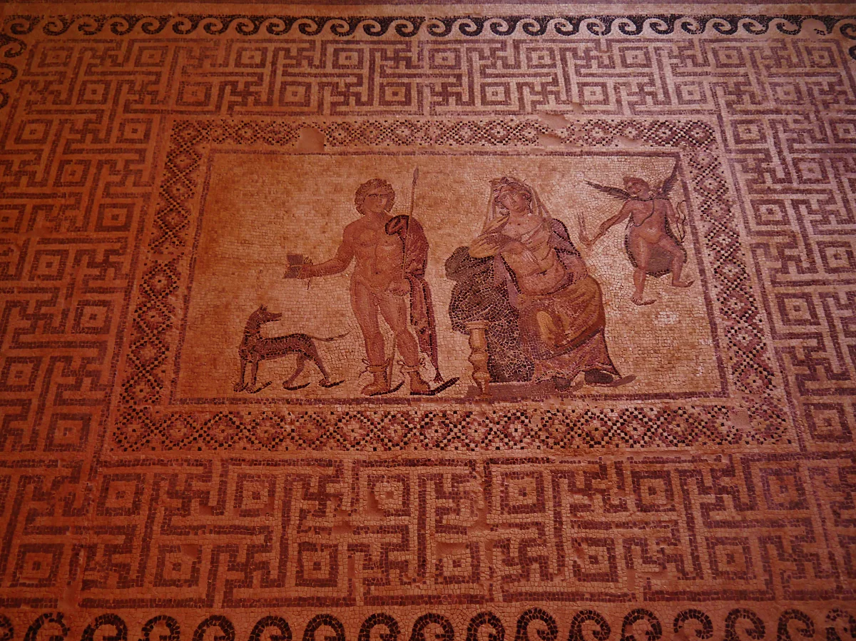 The Phaedra and Hippolytus mosaic in the House of Dionysus at the Paphos Archaeological Park, in coloured tesserae