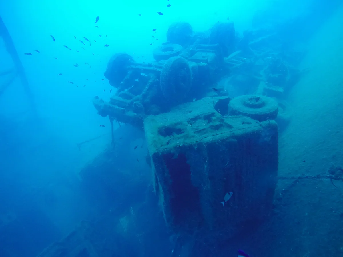 The remains of lorries and cargo on the deck of the Zenobia, covered in marine growth in the blue water of the seabed