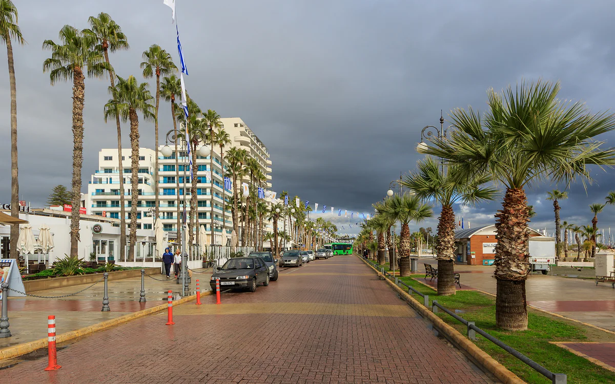 The Finikoudes promenade in Larnaca, lined with palm trees and seafront hotels, in Cyprus