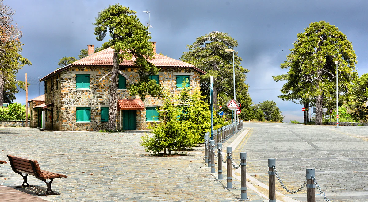 Troodos Square, with a stone building with green shutters, black pines and a bench beside the paved street in the Troodos Mountains