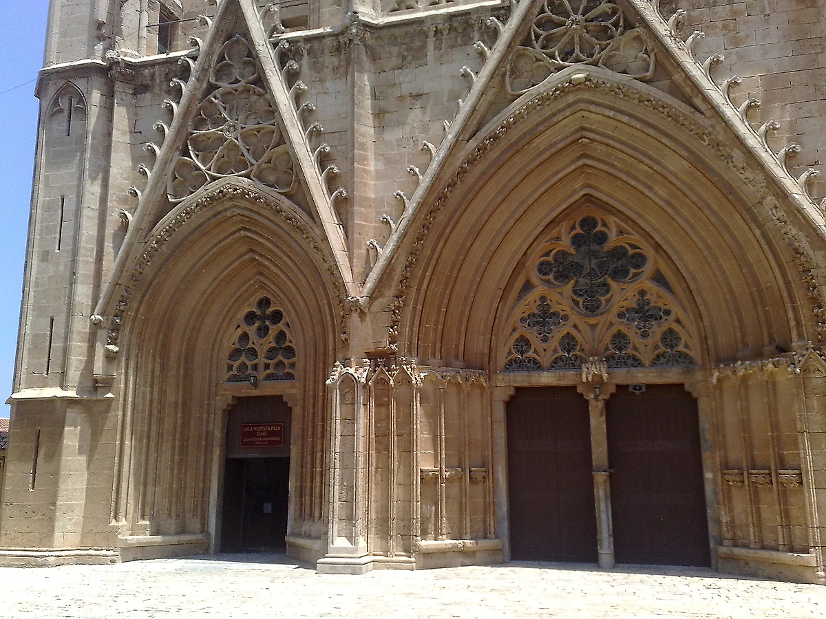 The Gothic west front of the Selimiye Mosque, once the Cathedral of St Sophia in Nicosia, with pointed arches and tracery