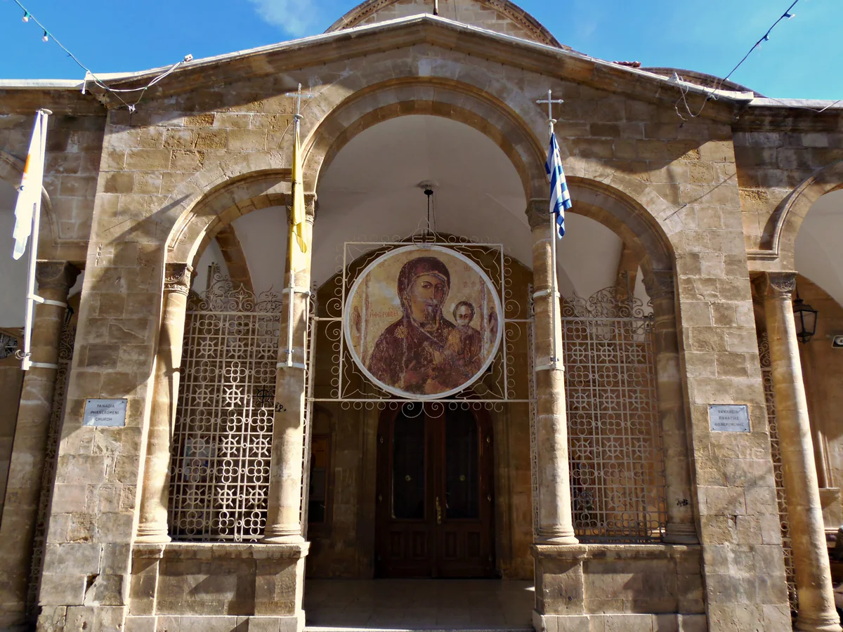 The arched portico of Faneromeni Church in Nicosia, with an icon of the Virgin painted above the doorway