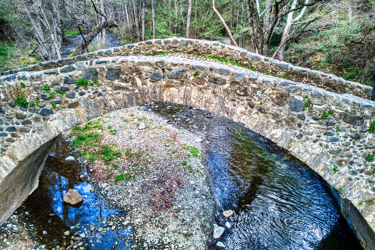 The stone arch of the Venetian Kelefos Bridge over the Diarizos river, near Agios Nikolaos, among the forest trees