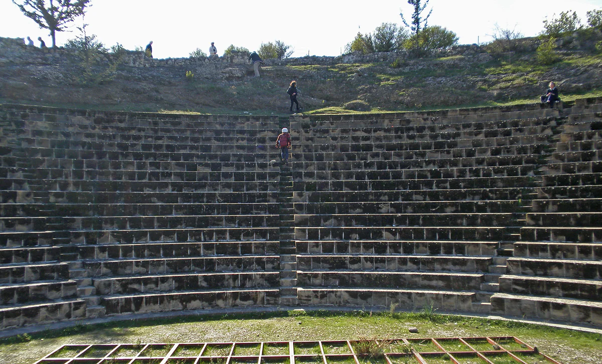 The semicircular stone seating of the restored ancient theatre at Soli, by Morphou Bay in the north of Cyprus