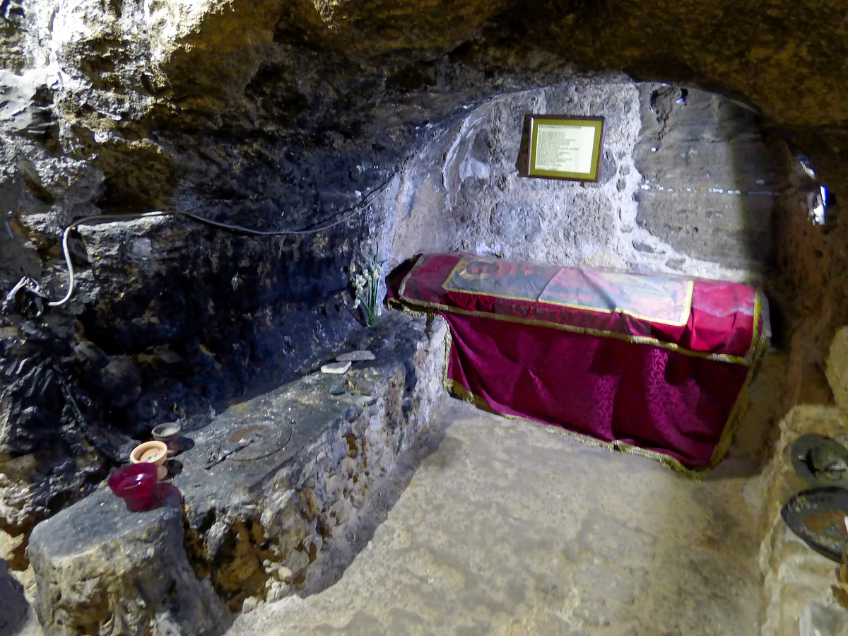The rock-cut chamber that tradition identifies as the tomb of St Barnabas, beside the monastery near Salamis in Cyprus
