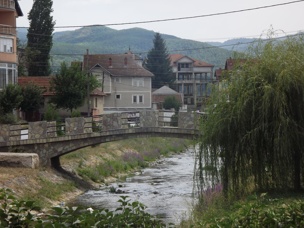 A stone footbridge over the river in Viti, with a weeping willow, red-roofed houses and green hills behind