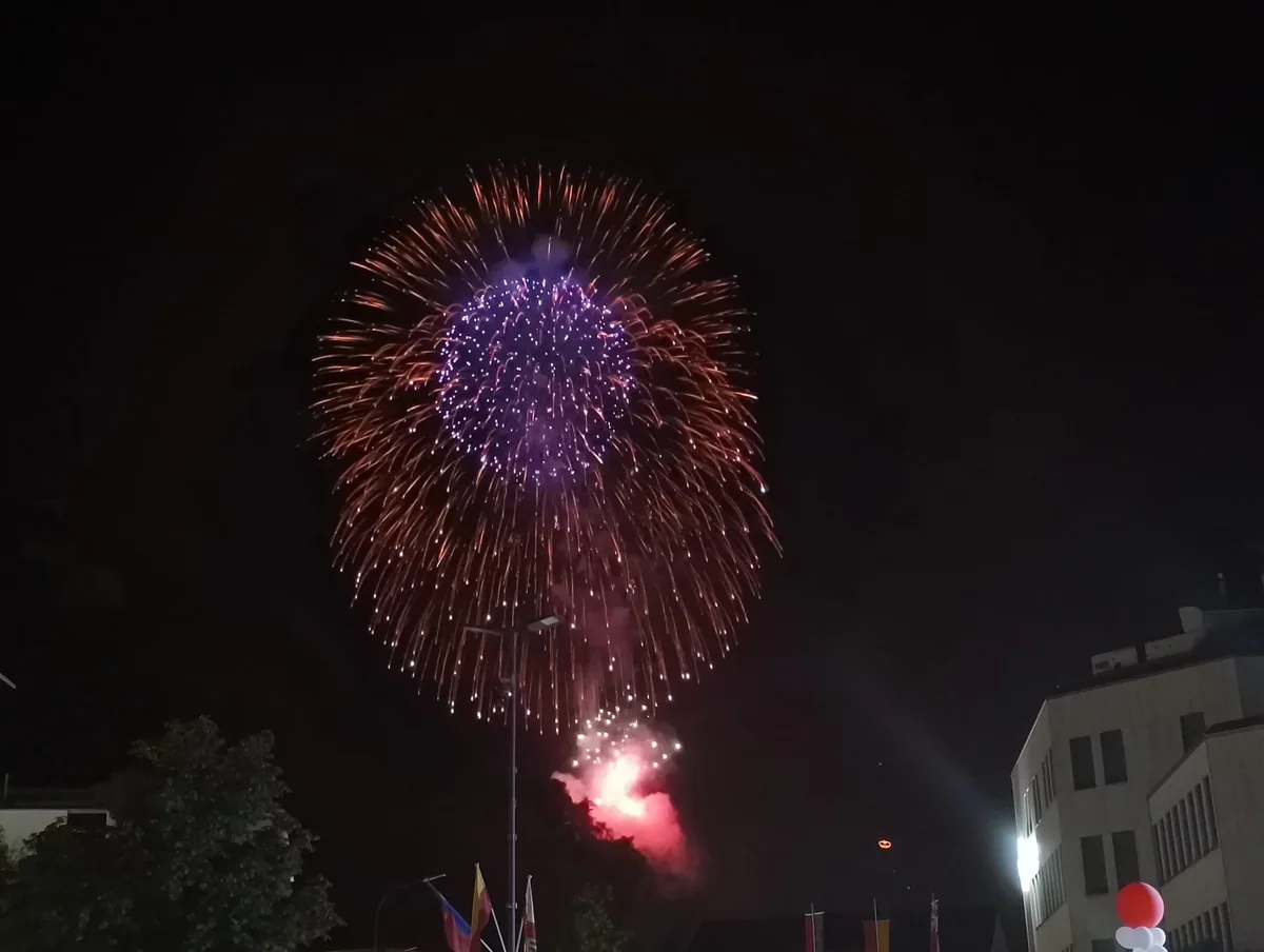 Fuegos artificiales sobre Vaduz en una fiesta nacional de años anteriores, con banderas y edificios en primer plano.