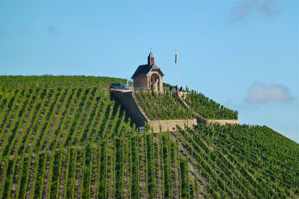 St Donatus Chapel on top of the Koeppchen at Wormeldange, surrounded by steep vineyards above the Moselle