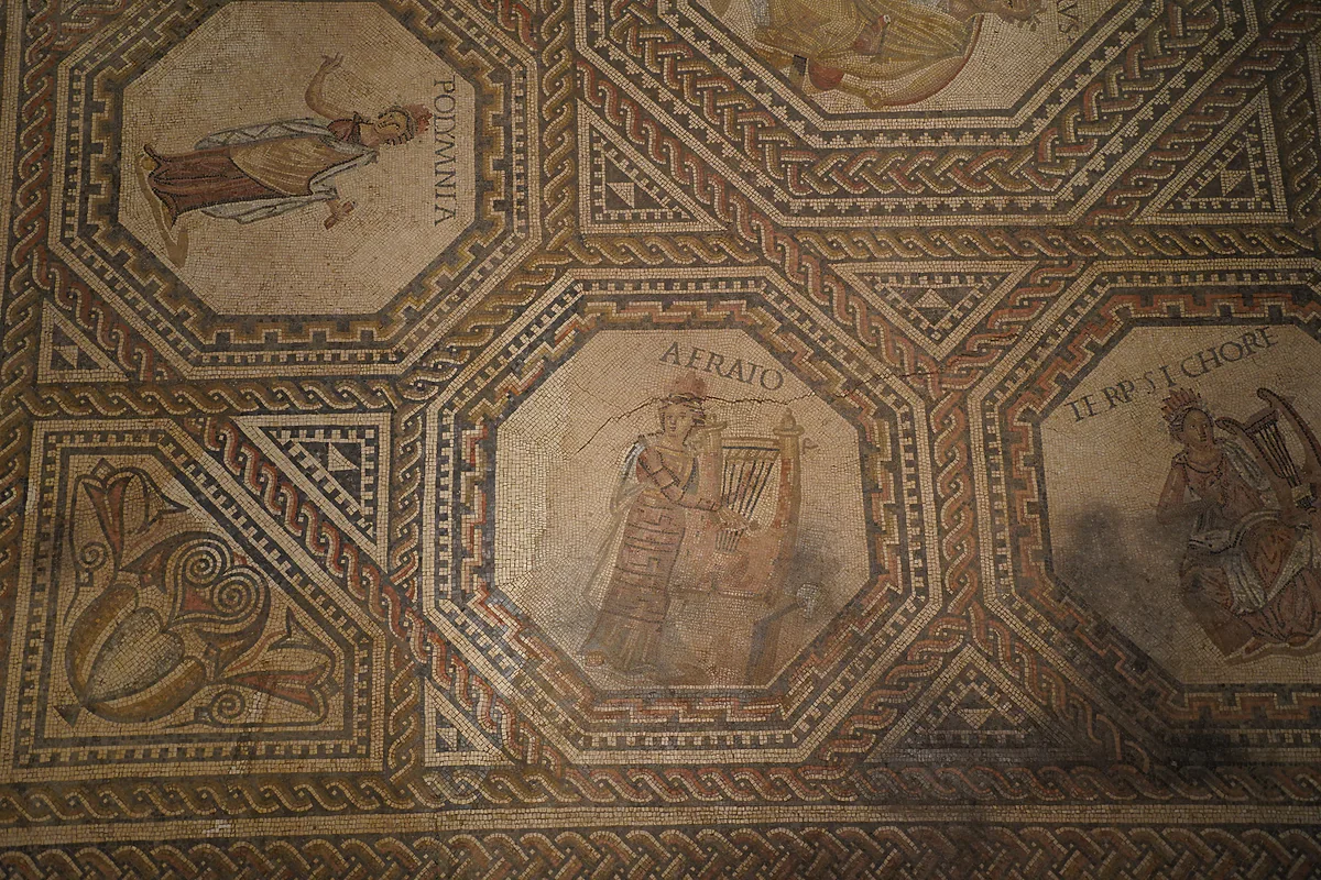 The Roman mosaic from Vichten, with the Muses in octagons and Homer beside Calliope, on display at the national museum