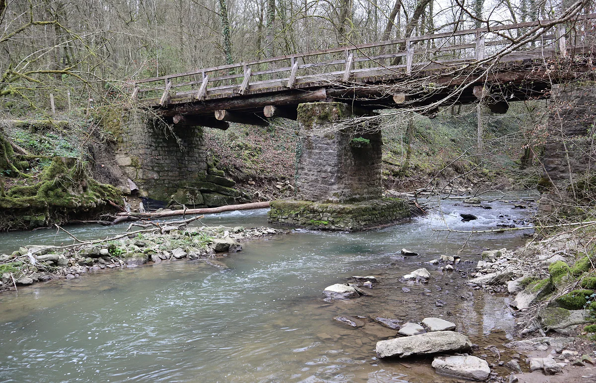 An old wooden bridge over the River Syre between Mertert and Manternach, in a wooded valley in late winter
