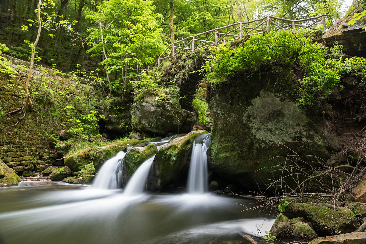 The Schiessentümpel in the Müllerthal region, with its three cascades, mossy rocks and a small stone bridge