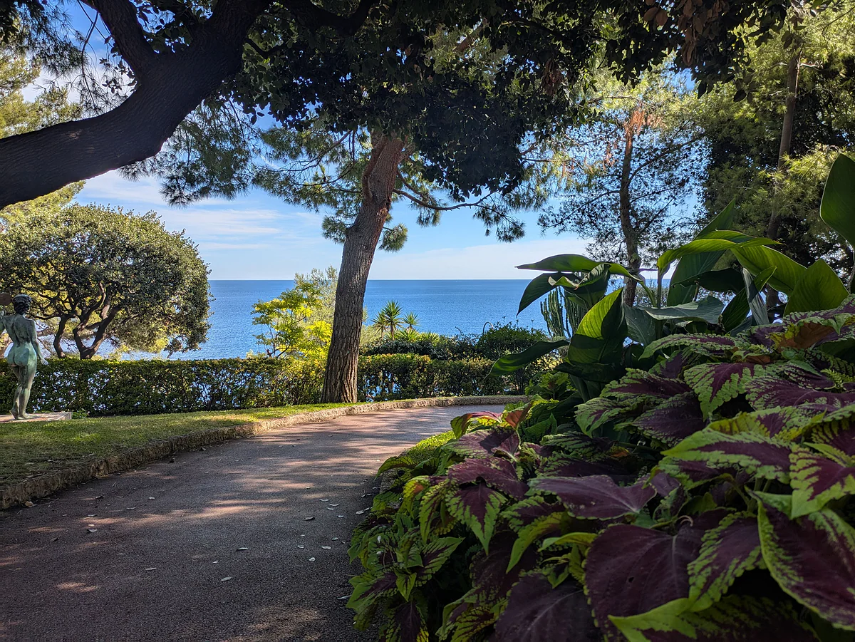 Paseo de los Jardines de Saint-Martin entre pinos y plantas de hoja morada, con el mar al fondo.