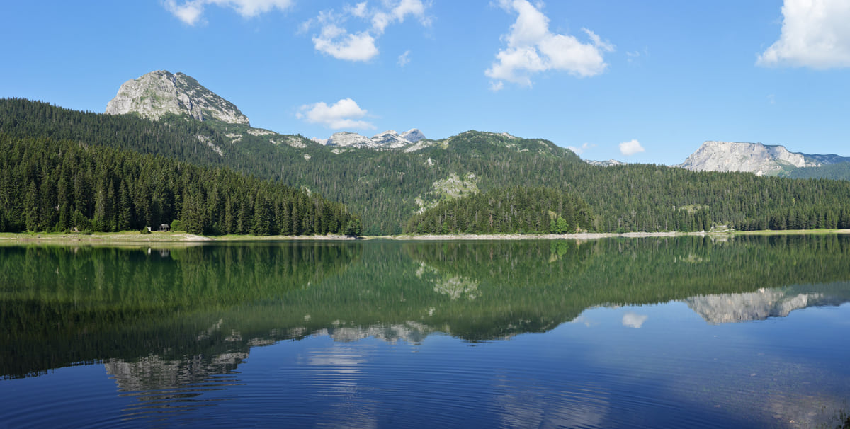 The Black Lake in Durmitor near Žabljak, ringed by conifer forest, with the mountain reflected in the still water