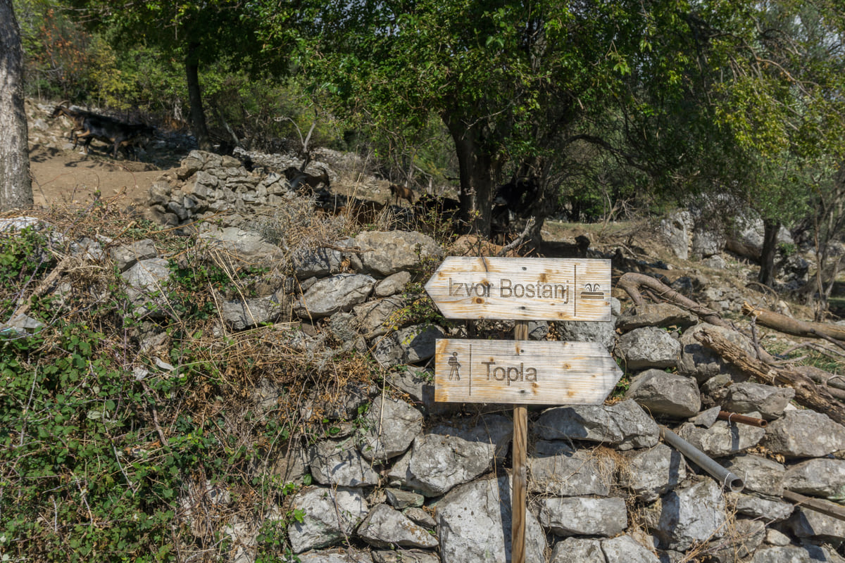 Wooden signposts pointing to Topla and Izvor Bosan on a dry-stone wall along the trail from Igalo to Herceg Novi